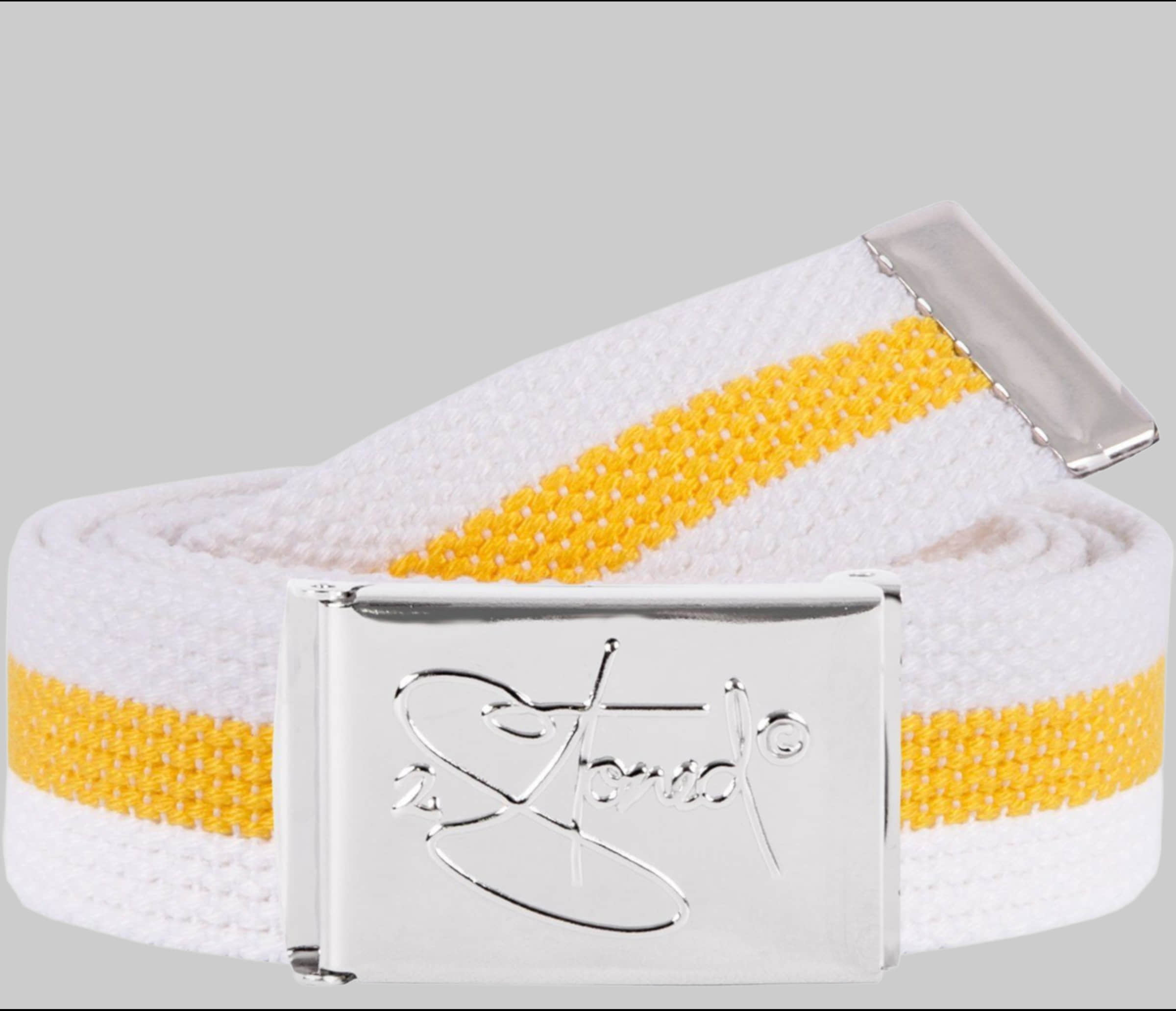 2Stoned Classic Logo Fabric Belt - Uni Canvas Belt with Chrome Buckle - 120cm Weiß-Gelb 2Stoned Mädchenmode