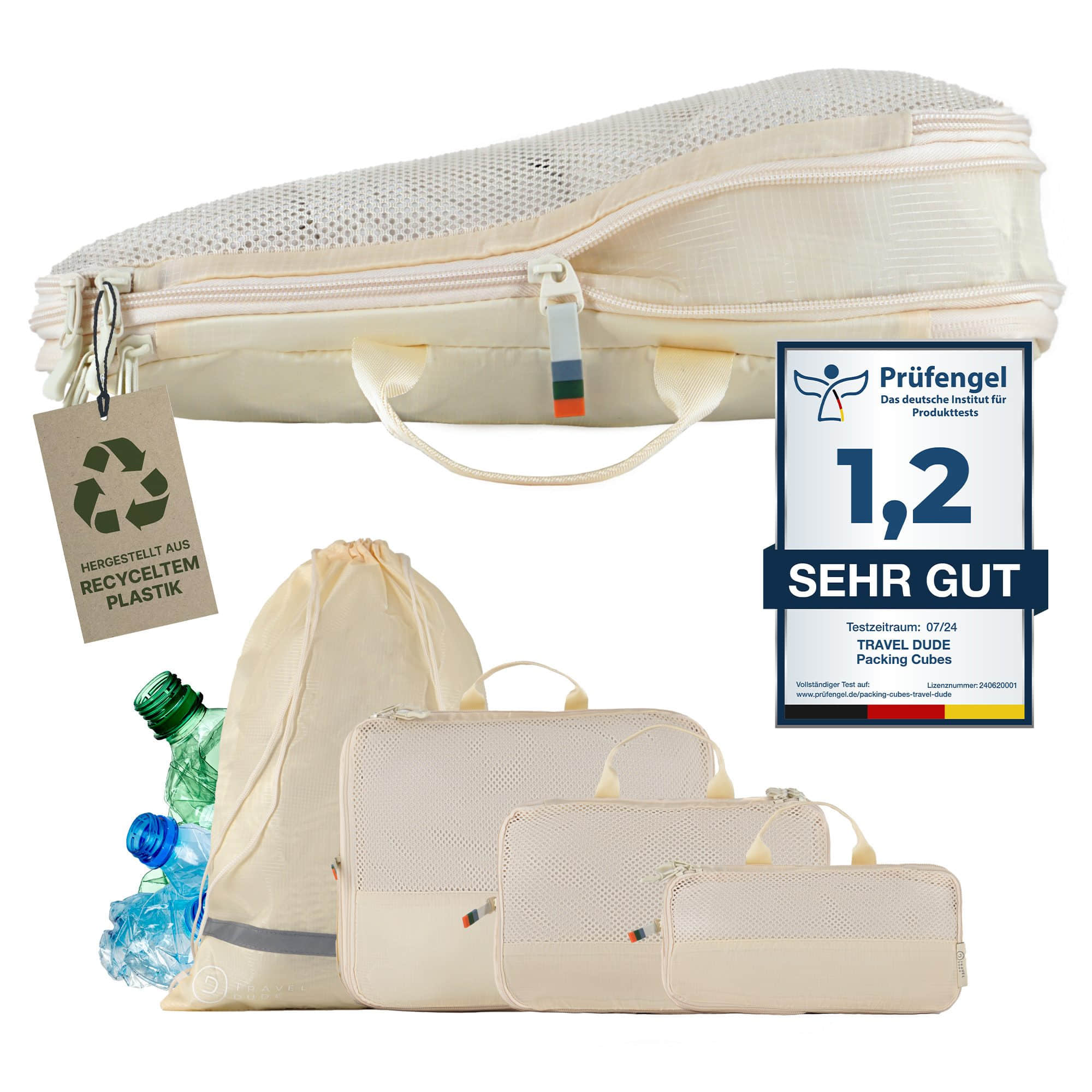 TRAVEL DUDE Mädchenmode TRAVEL DUDE Kofferorganizer aus recycelten Plastikflaschen (ultraleichte Packwürfel, 4-tlg., Mit Packtaschen in verschiedenen Größen und einem Wäschebeutel), mit Kompression und einem Nassfach Sand Beige