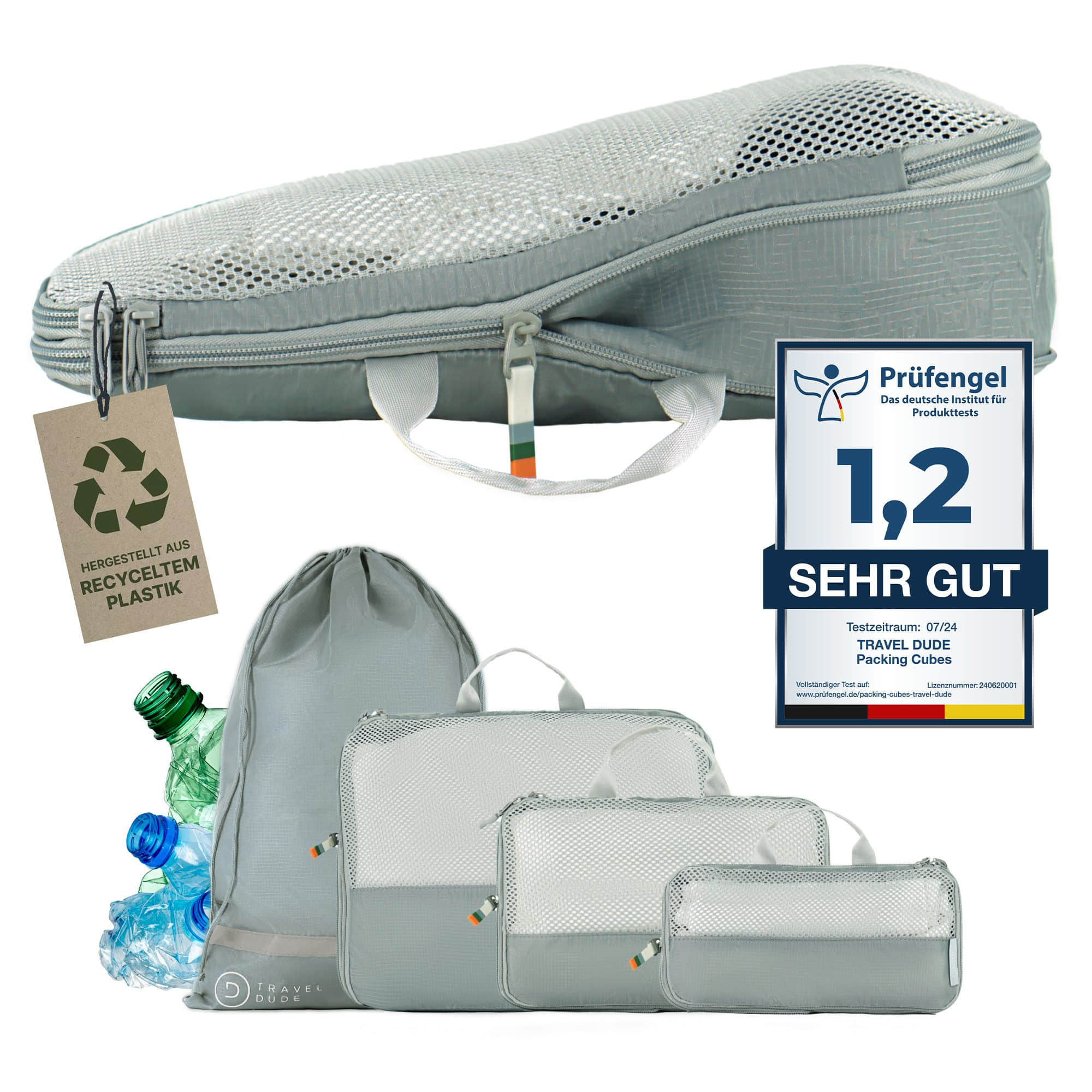 TRAVEL DUDE Kofferorganizer aus recycelten Plastikflaschen (ultraleichte Packwürfel, 4-tlg., Mit Packtaschen in verschiedenen Größen und einem Wäschebeutel), mit Kompression und einem Nassfach Steel Blue Mädchenmode TRAVEL DUDE