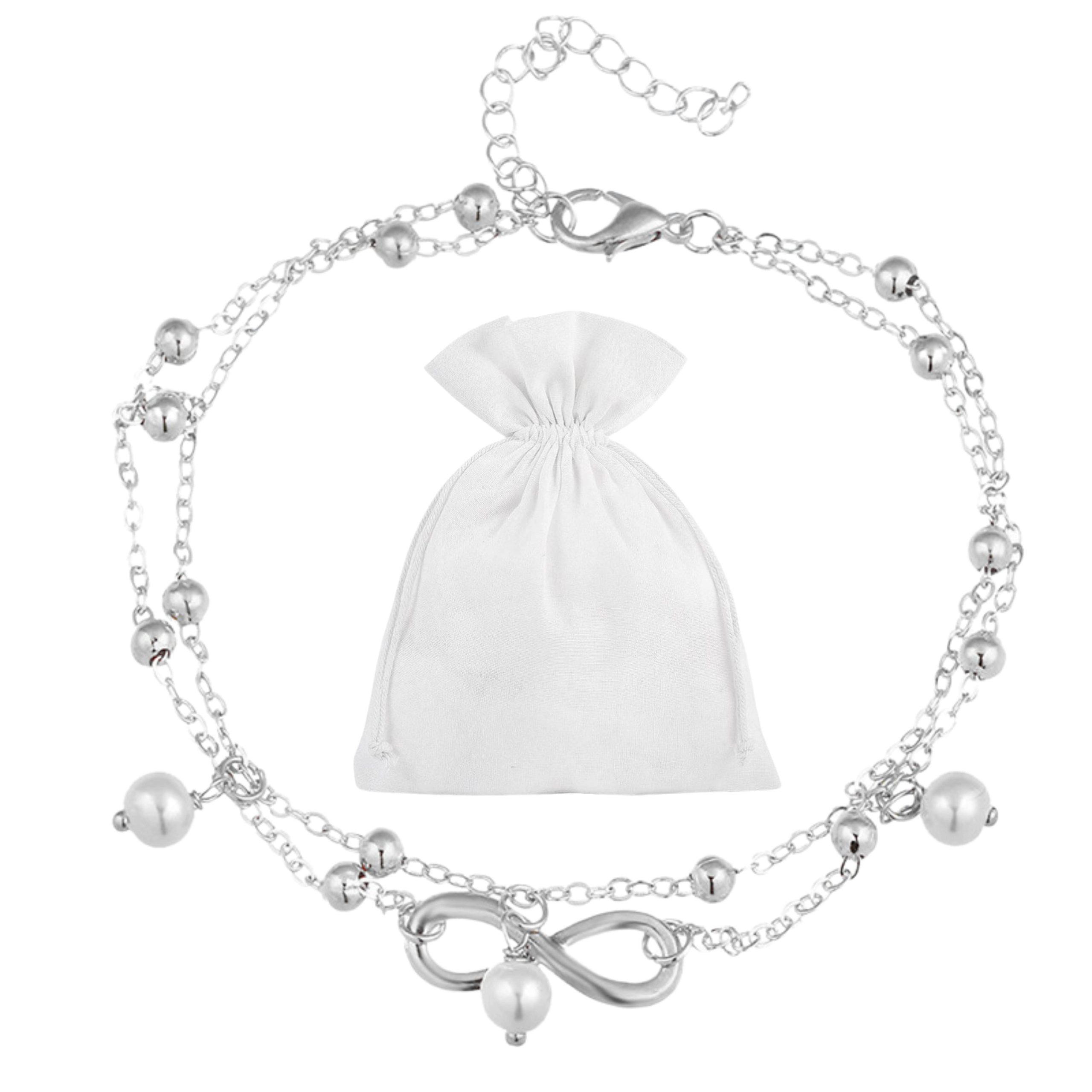 Felino myToys Felino Fußkette mit Anhänger Damen Infinity Weiße Perlen Silber Unendlichkeit Fußkette