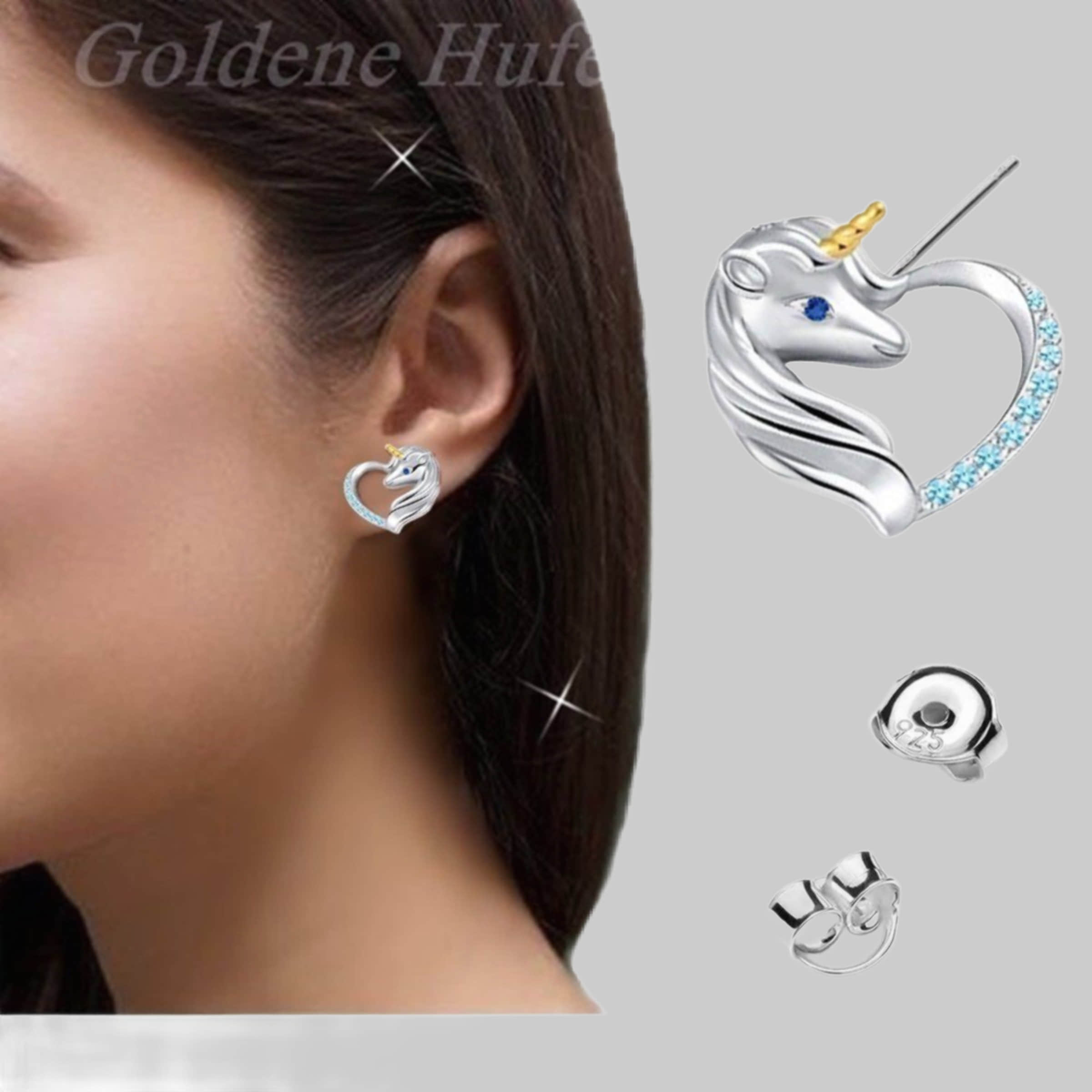 Golden Hufeisen Rainbow Unicorn Horse Earrings - 925 Sterling Silver Zirconia Blau Goldene Hufeisen myToys