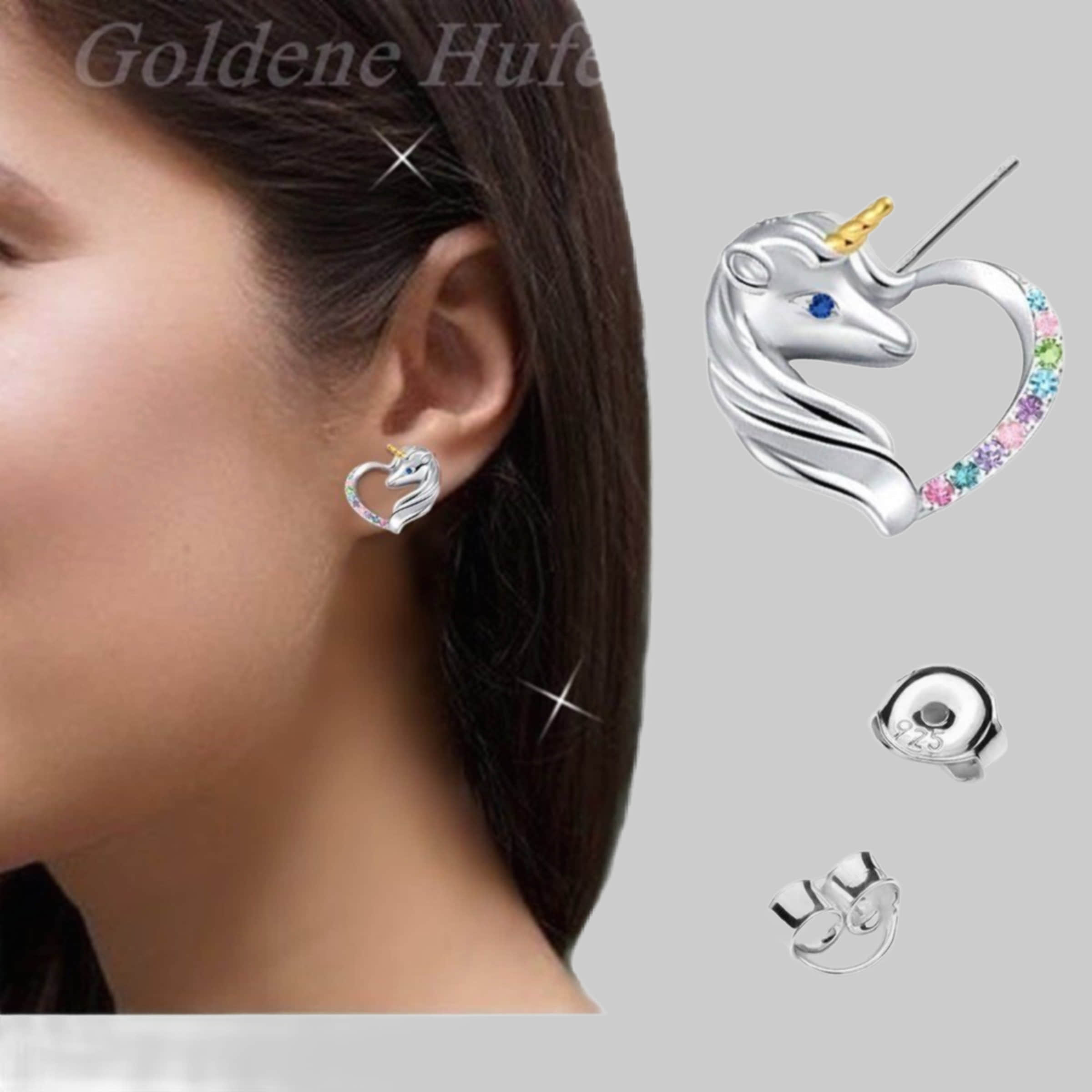 Goldene Hufeisen Golden Hufeisen Rainbow Unicorn Horse Earrings - 925 Sterling Silver Zirconia Bunt myToys
