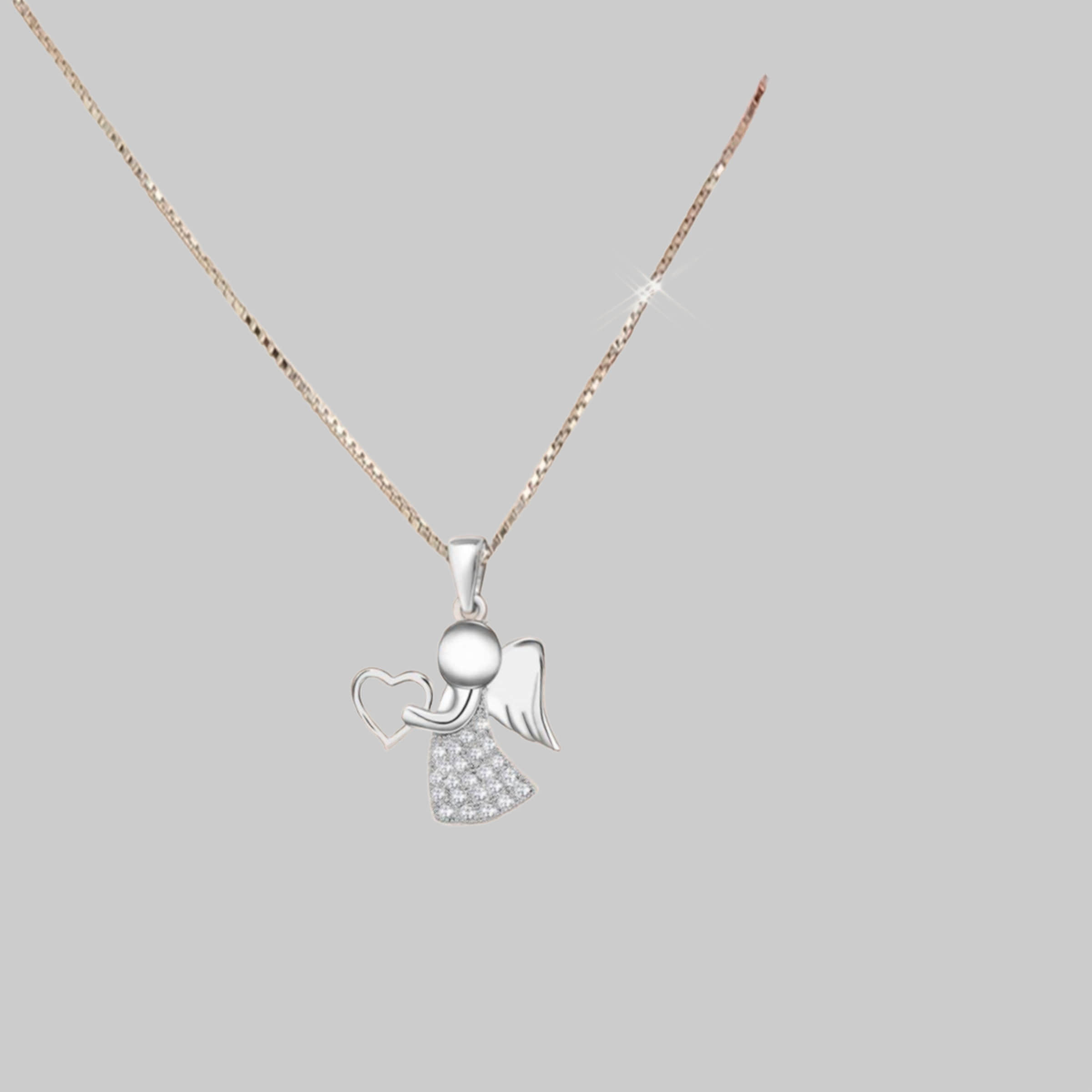 Golden Hufesien Engelanhänger Schutzengel Herz Zirkonia Anhänger mit Kette 925 Silber Engelkette (Halskette Set, inkl. Geschenkbox) Klar myToys Goldene Hufeisen