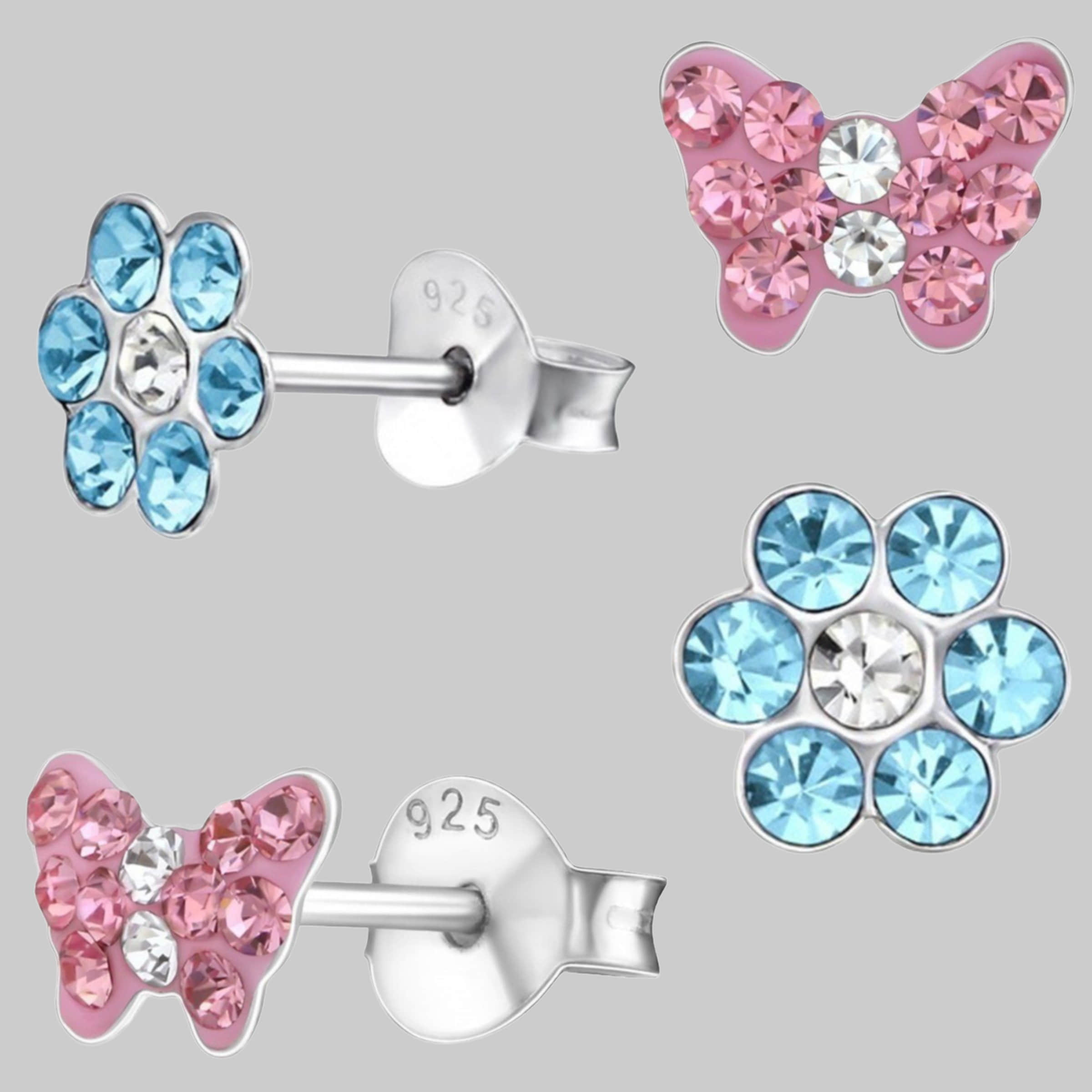 Goldene Hufeisen 'Goldene Hufesien' Horseshoe Earrings Set - 2 Pairs for Girls - Crystal Butterfly & Flower Design - 925 Sterling Silver Blau-Rosa myToys