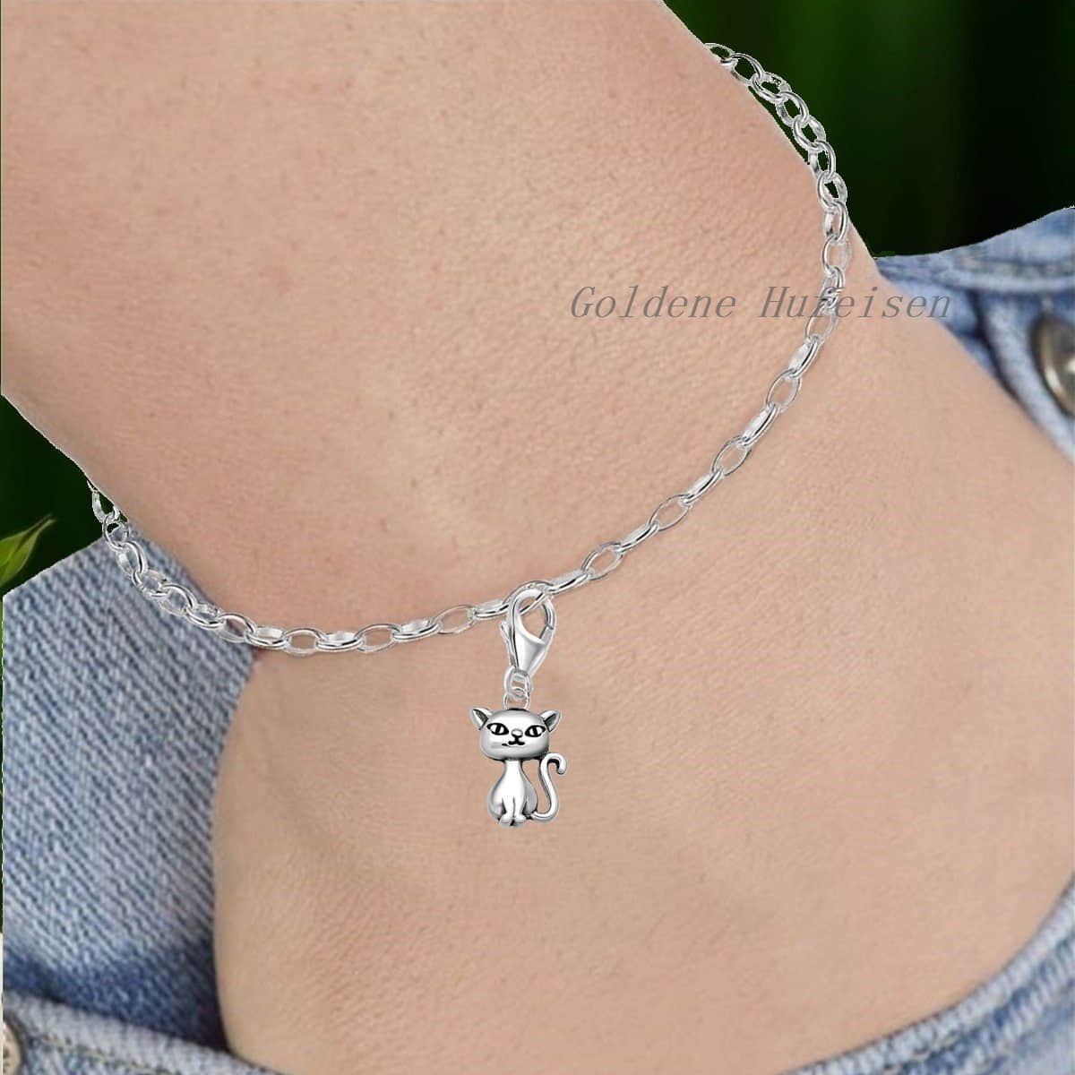 Goldenes Huf Eisen Charm-Anhänger Katze Karabiner Charm 925 Sterling-Silber Kater Anhänger, Tier-Schmuck für Armbänder oder Kette Anhänger Goldene Hufeisen myToys