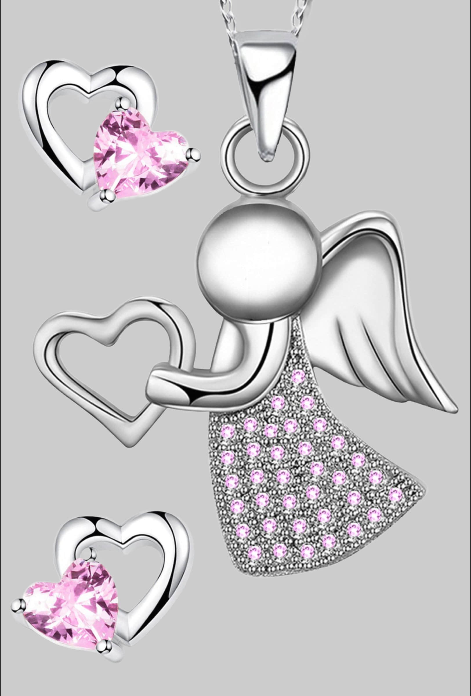 myToys Limana Limana 925 Silver Angel & Heart Children's Jewelry Set - Necklace & Earrings rosa