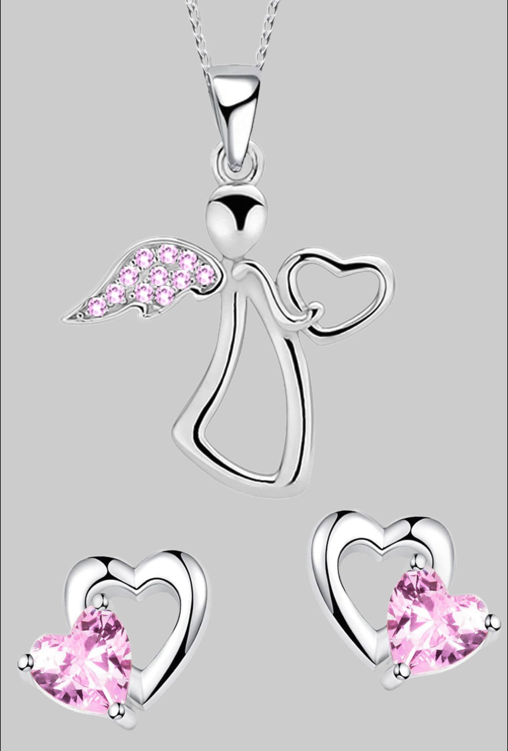 Limana Schmuckset Kinder Mädchen Set 925 Silber Engel Herz Halskette mit Ohrringe Rosa Limana Mädchenmode